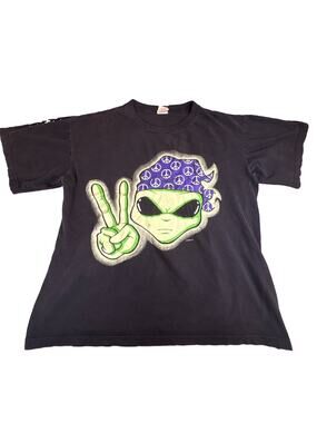 Vintage SeaBell Alien Peace Sign T Shirt Black Champ Tag XXL Y2K Graphic USA